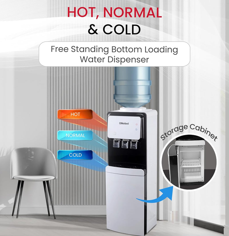 Nobel 3 Tap Water Dispenser, Freestanding Dispenser, Hot, Normal & Cold, R134a Compressor Cooling, Storage Cabinet NWD1700 White