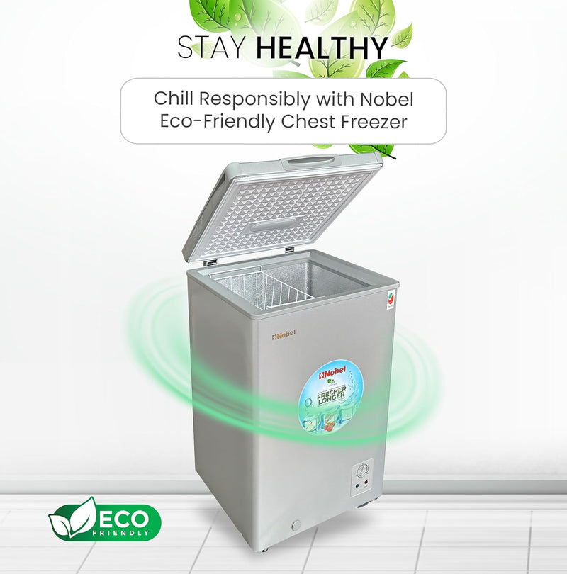 Nobel 150L Gross / 98L Net Capacity Single Door Chest Freezer, R600a Refrigerant, Aluminum Embossing Inner Liner, Inner Light, Wheel, Outside Condenser, Fan in Compressor NCF150E Silver