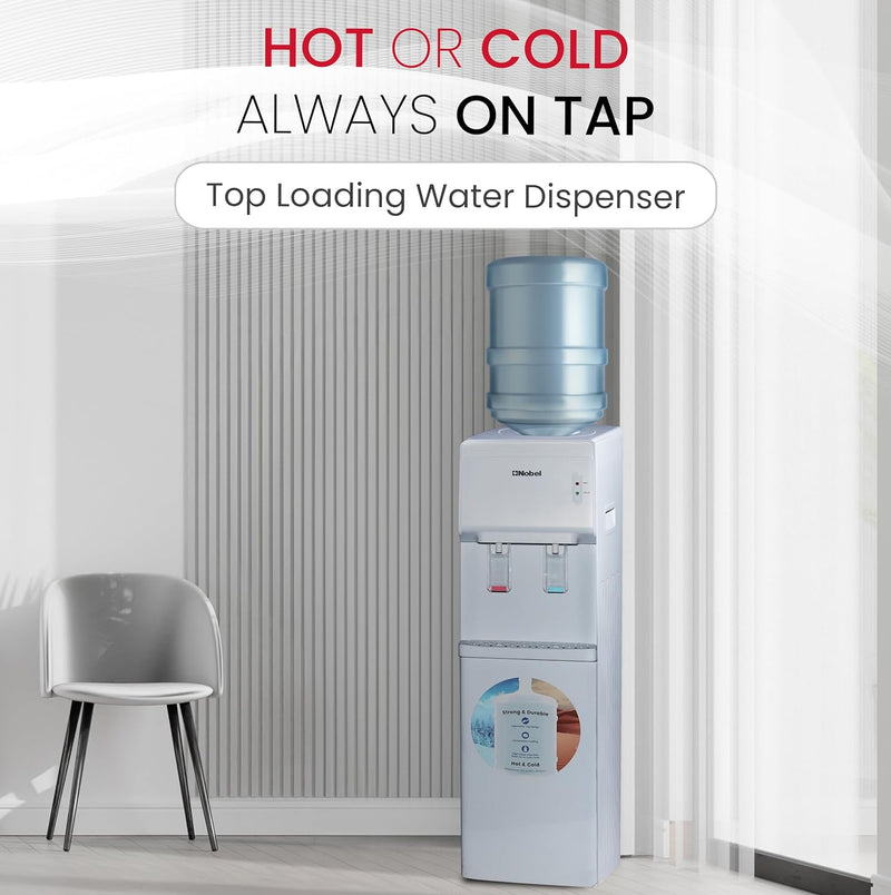 Nobel Water Dispenser, Hot & Cold, 2 Taps, Compressor Cooling, 5L/H Heating, 2L/H Cooling, Silicon Water Outlet Pipes NWD1603 White