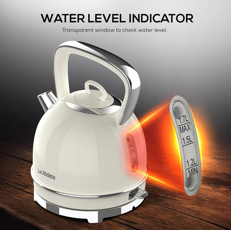La Modano Retro Style Electric Kettle, 1.7L Capacity, Stainless Steel Housing, Water Window, Dry Boil Protection, Cordless Serving Base, Strix Controller, Blue Light On/Off Switch 2200W - LMEK17EX