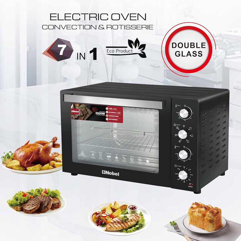 Nobel 7 in 1 | 120 Liters Electric Oven with 4 Control Knobs, and Double Glass, 70-250° AdjustableTemperature Control, 120 Min Timer With Bell Ring, 2 M Shape Heating Elements, 2800W NEO135PRO Black