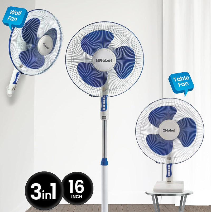 Nobel 3-in-1 Stand Fan 16", 3-Speed, 85° Oscillation, Copper Motor, Polypropylene Blades, Strong Airflow, Quiet Operation, 1200 RPM, 60W NF311 White