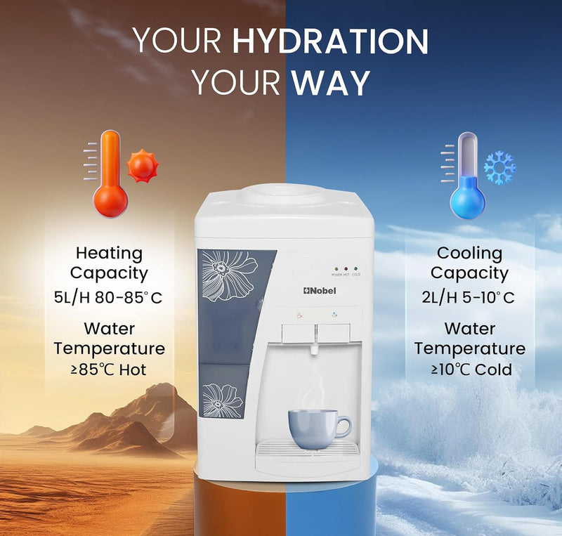 Nobel Table Top Water Dispenser 550W Hot & Cold, Compressor Cooling System, 5L Hot/2L Cold Per Hour, Top Loading, Heating - NWD557