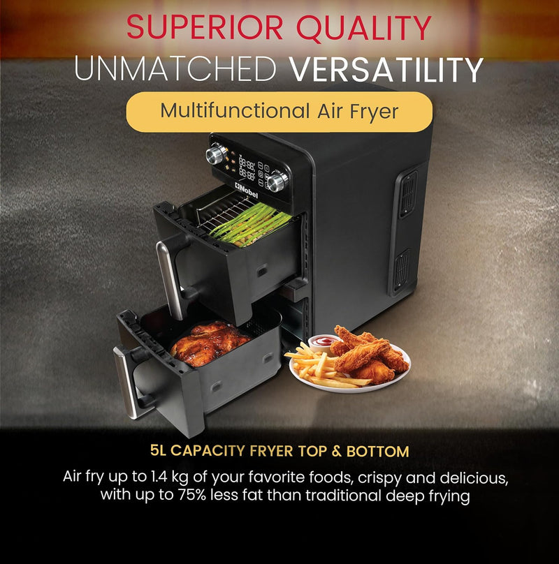 Nobel 10L 2200W Dual Drawer Digital Air Fryer with LED Display, Sync & Match Functions – NAF1201