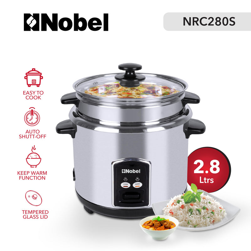 Nobel 2.8 Litres Rice Cooker Stainless Steel Tempered Glass Lid With Thermal Fuse Automatic Cooking And Warming System NRC280S Silver 1 Year Warranty