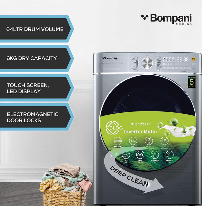 Bompani Washer Dryer 9/6 Kg, Fully Automatic Front Load Combo Wash & Dry, 9 Kg Wash & 6 Kg Dry, 1400 RPM, 16 Wash Programs, Quick Wash in 15min & 4 Drying Programs – BI1070SSN Silver