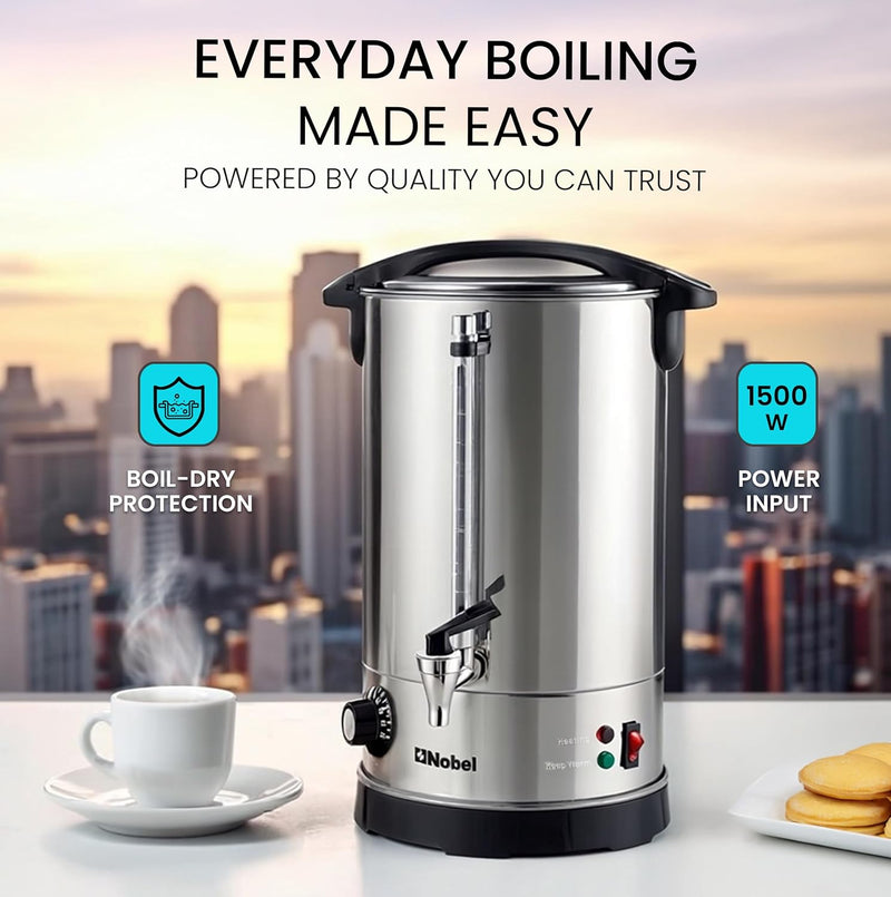 Nobel Water Boiler 1500W 16L Double Wall Stainless Steel, Safety Lock Lid, Non-Drip Brass Faucet, Keep Warm Function - NWB1600