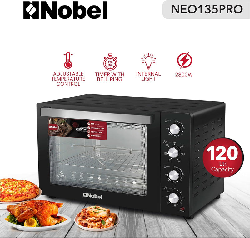 Nobel 7 in 1 | 120 Liters Electric Oven with 4 Control Knobs, and Double Glass, 70-250° AdjustableTemperature Control, 120 Min Timer With Bell Ring, 2 M Shape Heating Elements, 2800W NEO135PRO Black