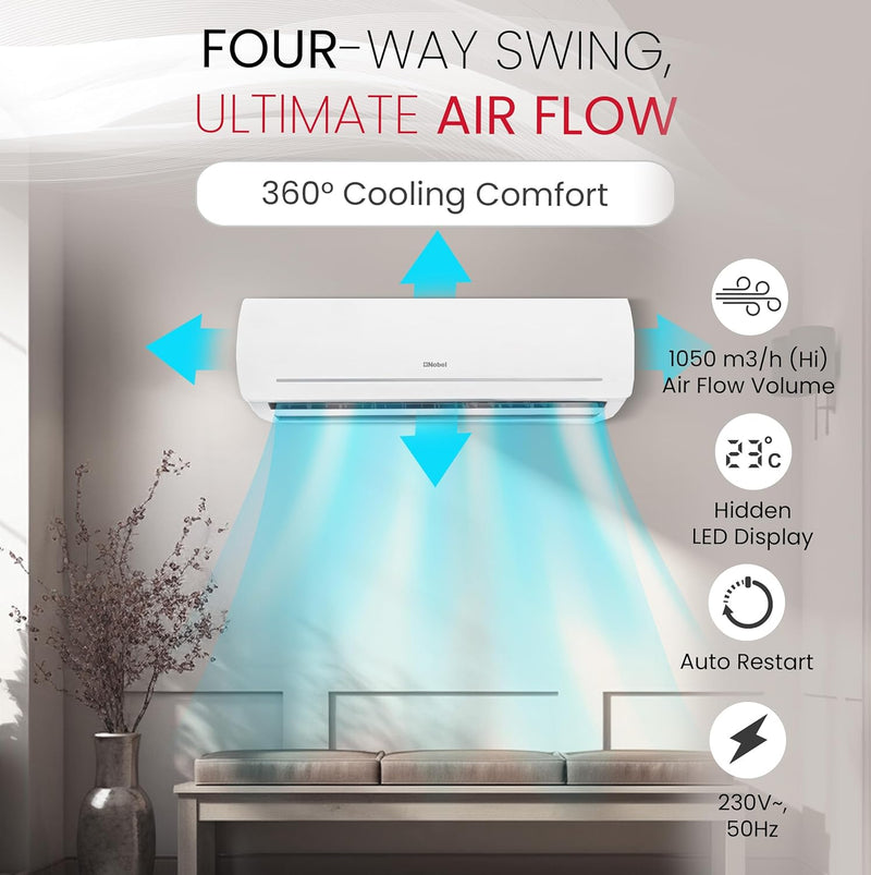 Nobel 18000 Btu/h Capacity Split Air Conditioner, Cooling Only, T3 Climatic Condition, R410A Refrigerant, Auto Clean, Hidden LED Display, Auto Restart, 4-Way Airflow Swing NSAC18T3 White