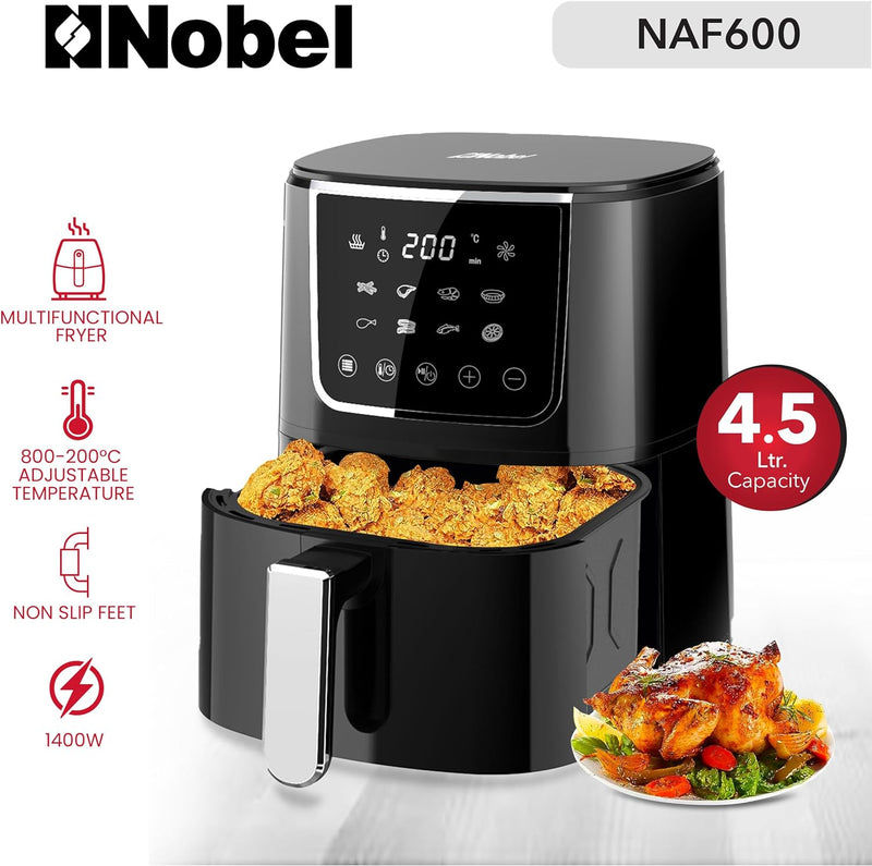 Nobel Air Fryer 4L Capacity, Multifunctional Fryer with Delay Function, Overheat Prevention, Digital Touch, 8 Preset Programs, High-Speed Air Circulation, Non-Stick (1400W) NAF600 Black