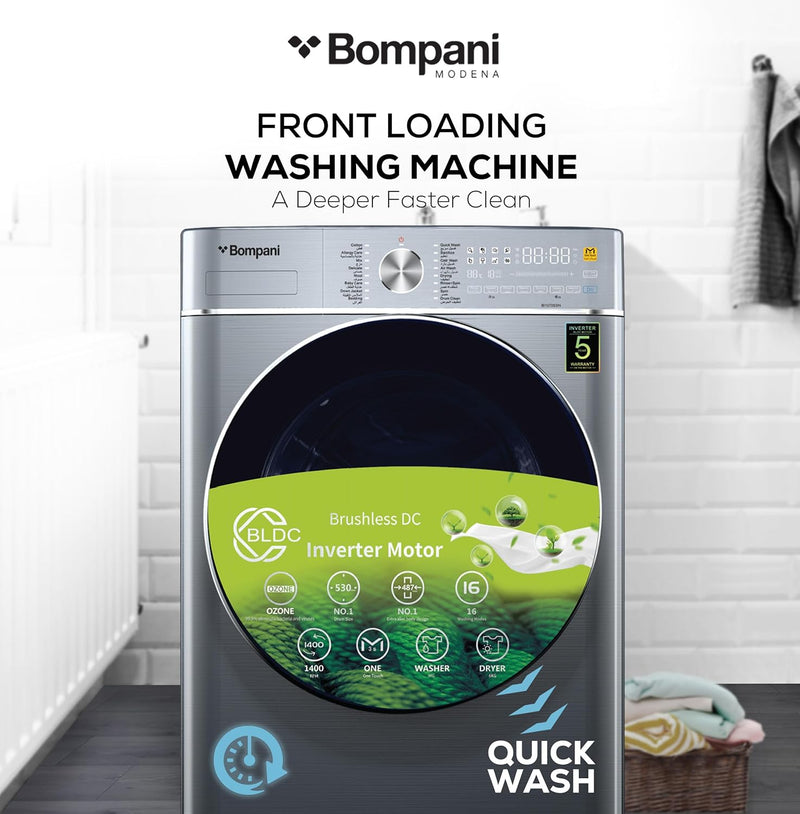 Bompani Washer Dryer 9/6 Kg, Fully Automatic Front Load Combo Wash & Dry, 9 Kg Wash & 6 Kg Dry, 1400 RPM, 16 Wash Programs, Quick Wash in 15min & 4 Drying Programs – BI1070SSN Silver