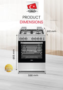 Nobel 60x60 Free Standing Gas Cooker with Gas Oven & Grill – 4 Gas Burners, Full Safety, Mechanical Timer, Rotisserie, Cast-Iron Pan Supports, Stainless Steel Finish – Made in Turkey NGC6062 Silver