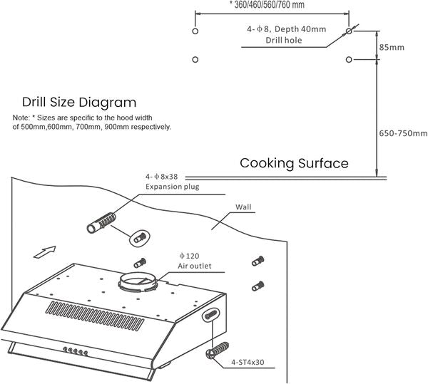 Nobel 60 cm Built-in Hoods Push Button, 3 Speeds NCH60W