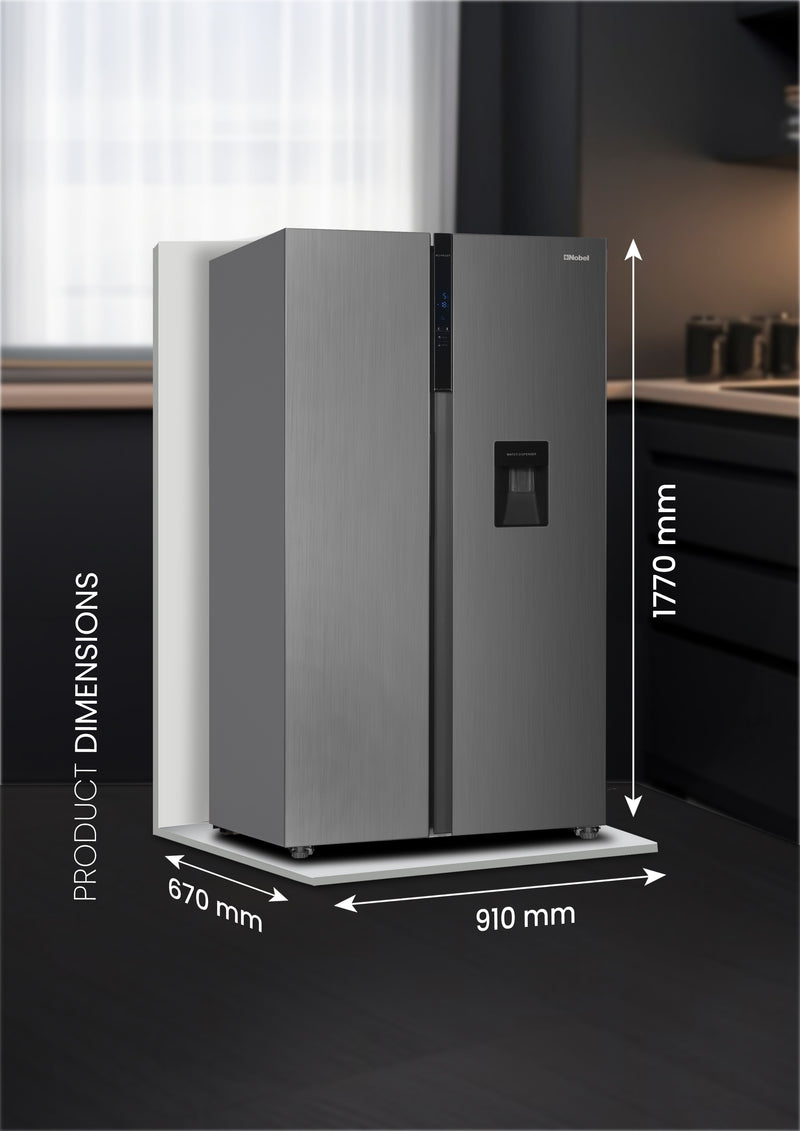 Nobel 700L Gross / 518 Capacity Side by Side Refrigerator, NoFrost, External Handle with Water Dispenser, LED Light, Twist Ice Maker, Digital Display,Interior Lights, Automatic NR620WDI Silver
