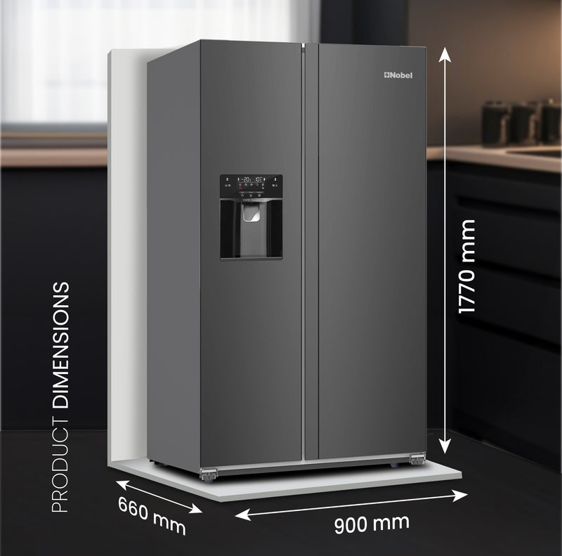 Nobel 750L Gross /501L Net Capacity Side By Side Refrigerator, No Frost, R600a Refrigerant, External Digital Display, LED Lights, Automatic Ice Maker, Super Freeze, Door Alarm, NR800SIM Inox