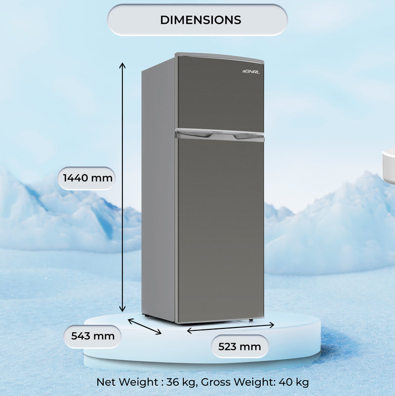 EGNRL EGR225S Double Door Refrigerator 225 Liters Gross Capacity Defrost Recessed Handle R600A Inside Condenser Dark Silver