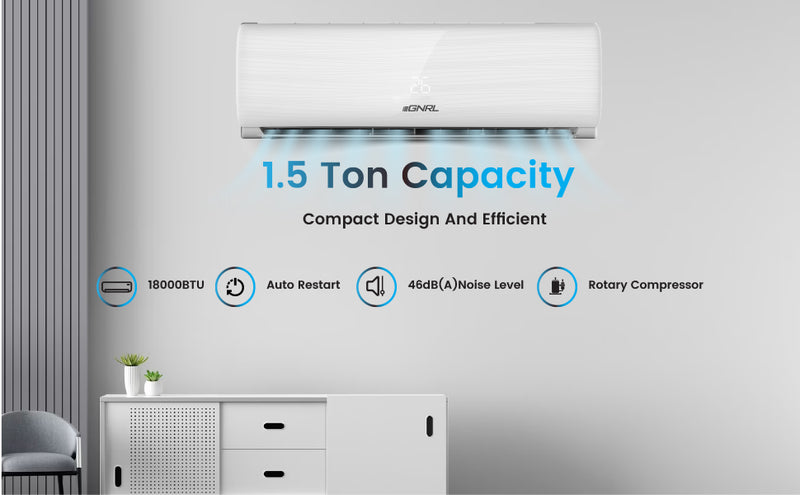 EGNRL EG18T3 Split AC 18000 BTU T3 Rotary White R410a Auto Restart, 4 Way Air Flow, Golden Fin