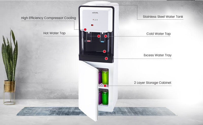 EGNRL EGWD1700 2-Taps Free Standing Water Dispenser ,R134a, with Storage Cabinet, Hot and Cold Function |Long Life Compressor| White