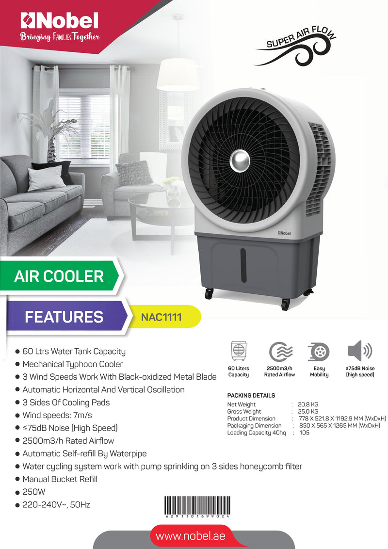 Nobel Air Cooler Gray 60 Litres Honeycomb Automatic Louver Movement NAC1111