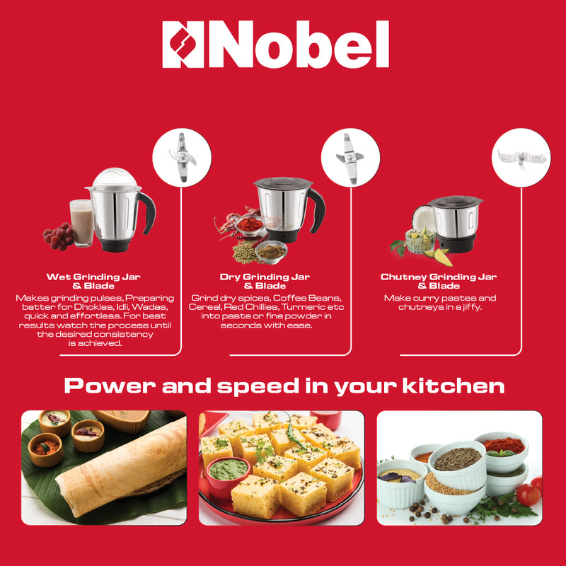 Nobel 3 in 1 Mixer Grinder With Stainless Steel Sharp Blades and Heavy Duty Motor | Water Drain System | 3 Stainless Steel Jar | Overload Protector with 1.5 L 750 W NB305SS Black/Red