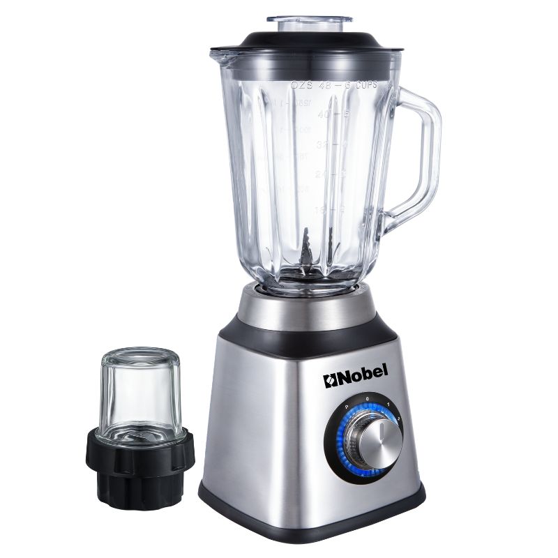 Nobel 2 in 1 Blender & Grinder, Stainless Steel Base, 1.5L Glass Jar & Grinder, 2 Speeds, Overheat Protection, LED Light, Powerful Motor NB515CRI Silver