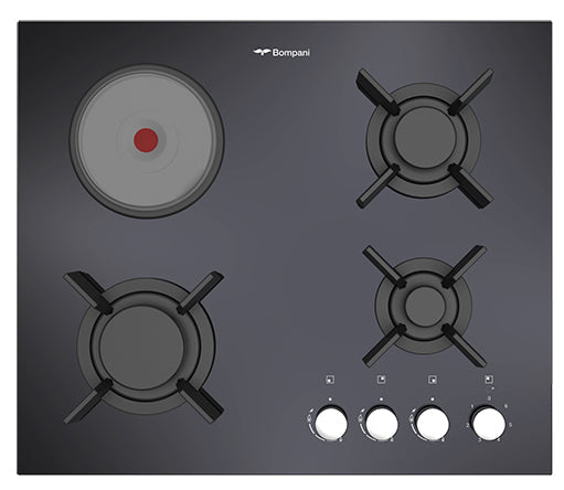 Bompani Gas & Electric Hobs Black 60Cm 3 Gas Burners 1 Hot Plate Auto Ignition Cast Iron Grids Full Safety BO237VAL
