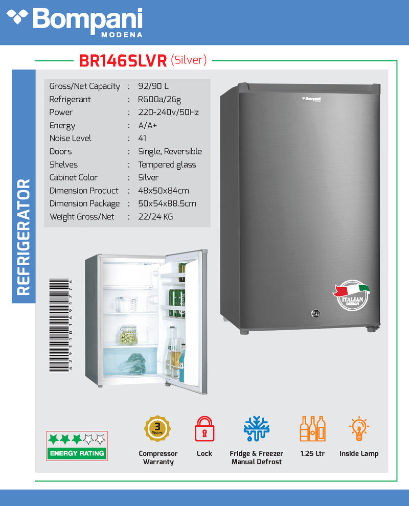 Bompani Refrigerator R600A 92 Ltrs  BR146SLVR