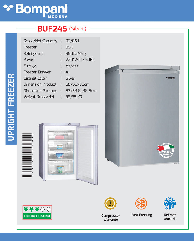 Bompani Upright Freezer 85 Litres Color Silver BUF245S