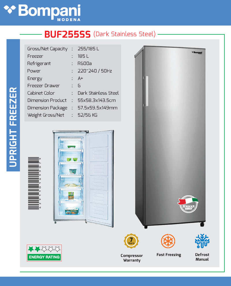 Bompani Upright Freezer S/Steel 185 Litres BUF255SS