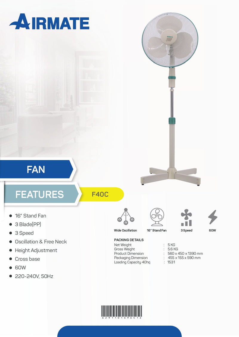 Airmate Stand Fan White 16 Inch Oscillation 3 Speed 3 Blade F40C