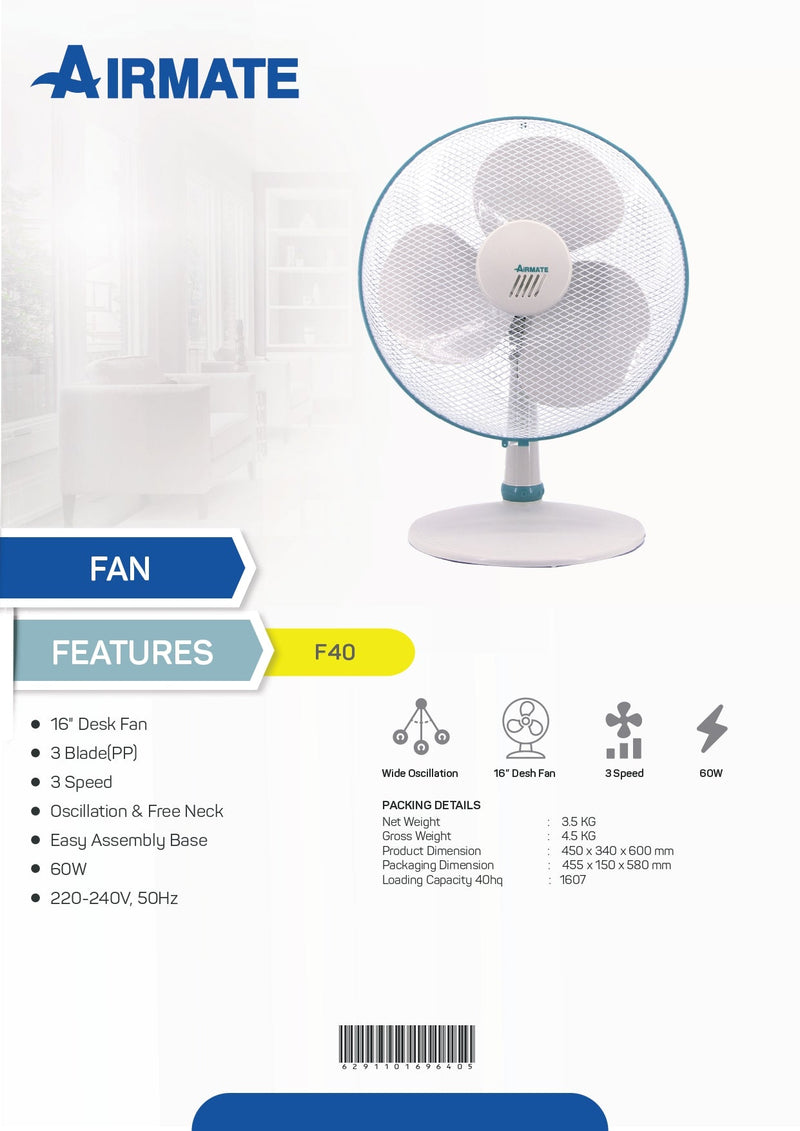 Airmate Table Fan White 16 Inch Oscillation  3 Speed 3 Blade F40