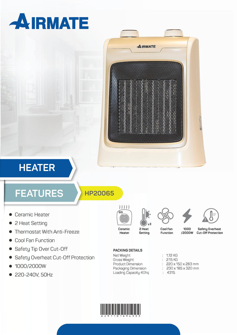 Airmate Portable Ceramic Heater 2 Heat Settings HP20065