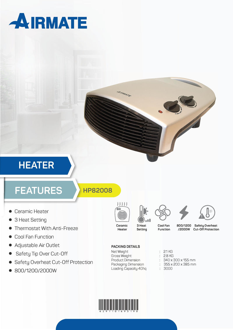 Airmate Portable Ceramic Heater 3 Heat Setting HP82008
