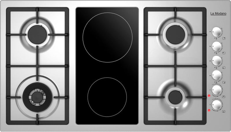 La Modano Gas & Electric Hobs Stainless Steel 90 Cm Knob Control 4 Sabaf Burners And 2 Heating Zones Ffd Cast Iron Pan Supports LMBH904GV