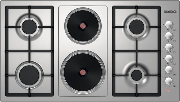 La Modano Gas & Electric Hobs Stainless Steel 90 Cm Knob Control 4 Sabaf Burners And 2 Heating Zones Ffd Cast Iron Pan Supports LMBH905GH