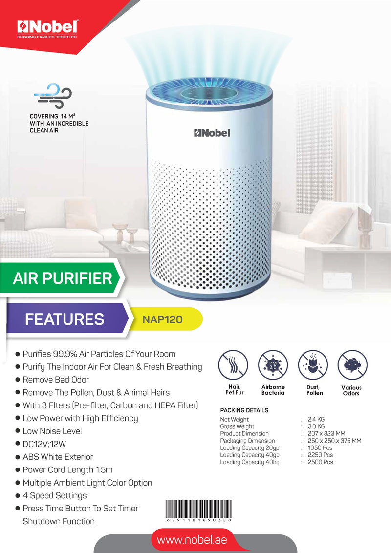 Nobel Air Purifier White 14M² Area To Clean 3 Filters 4 Speed  NAP120