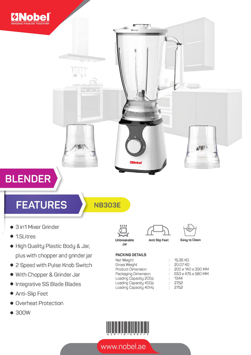 NOBEL Blender White 1.5 Litres 300W 2 Speed - Pulse Grinder  NB303E