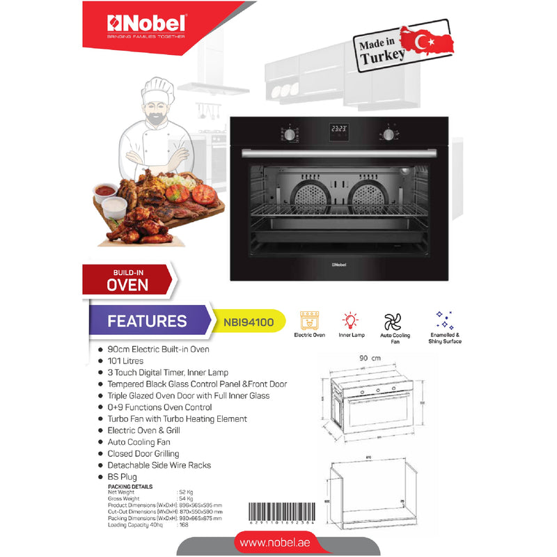 NOBEL Builtin - Ovens Glass Black 90cm Electric Fan  NBI94100