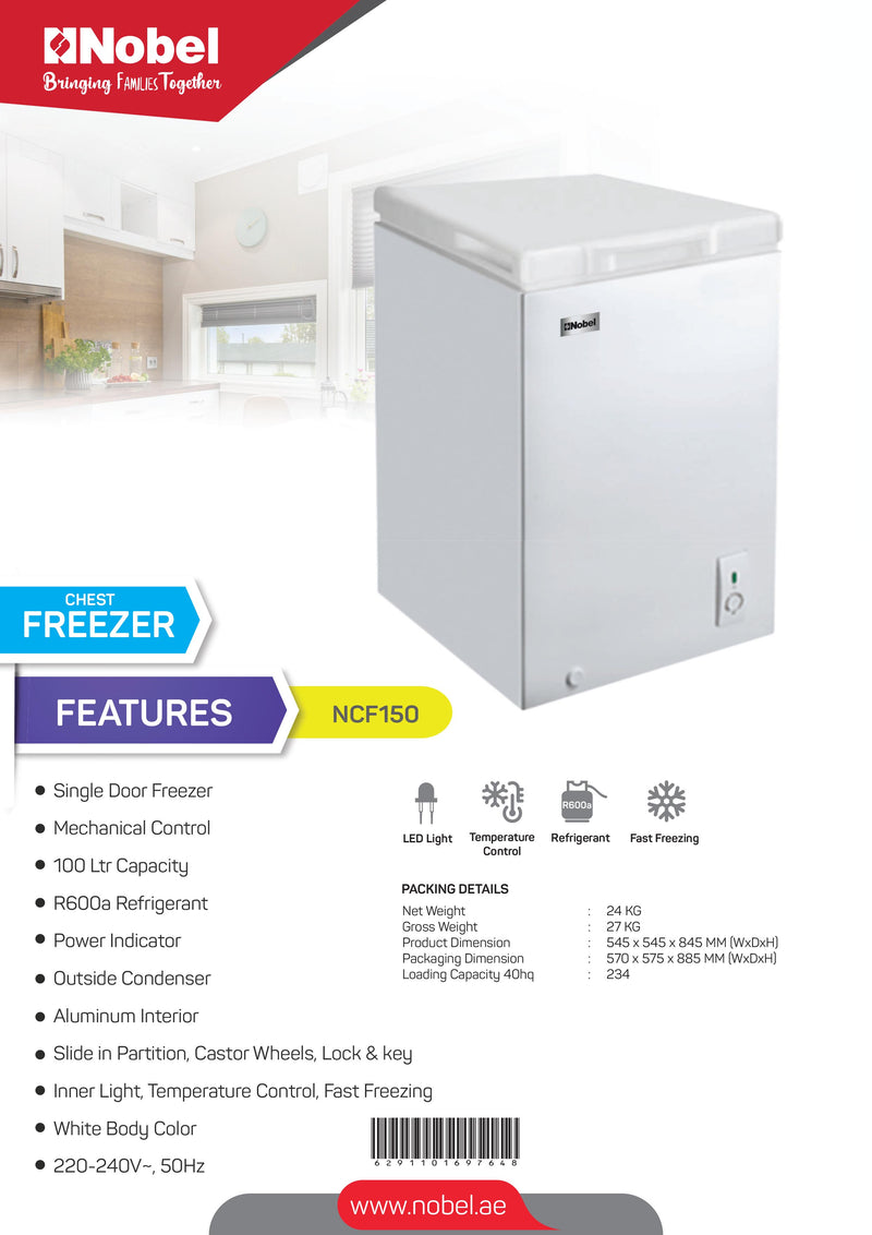 Nobel Single Door Freezer White 100 Litres NCF150