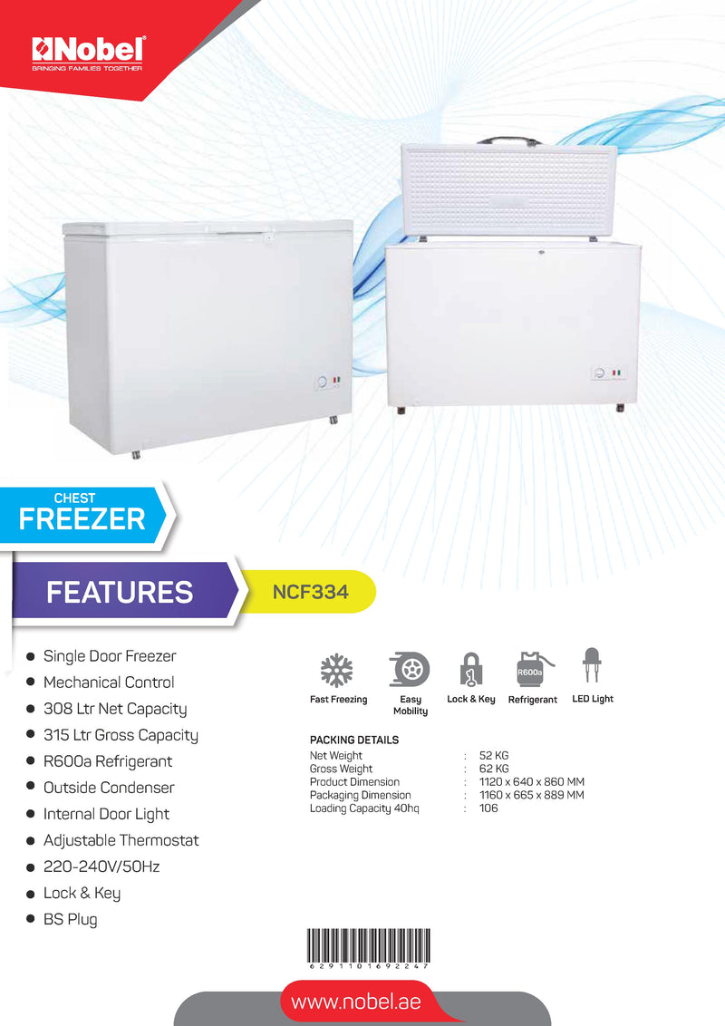 Nobel Single Door Freezer White 315 Litre Gas R600A NCF334