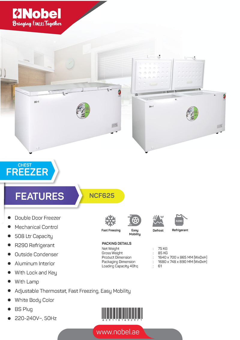 Nobel Single Door Freezer White 508 Ltr Aluminum Inside With Lamp NCF625