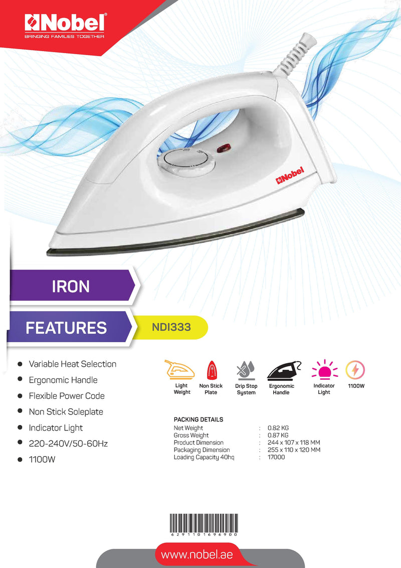 NOBEL Iron - Dry White 1100W Non Stick Soleplate NDI333