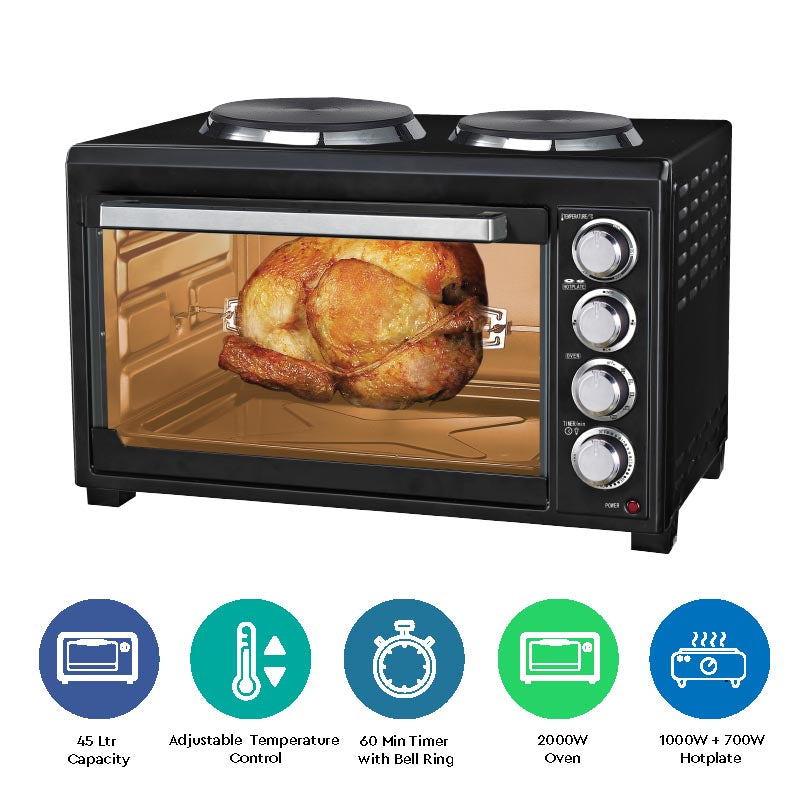 NOBEL Electric Oven Black Convection Fan 2 Hot Plate Rotisserie NEO50HP