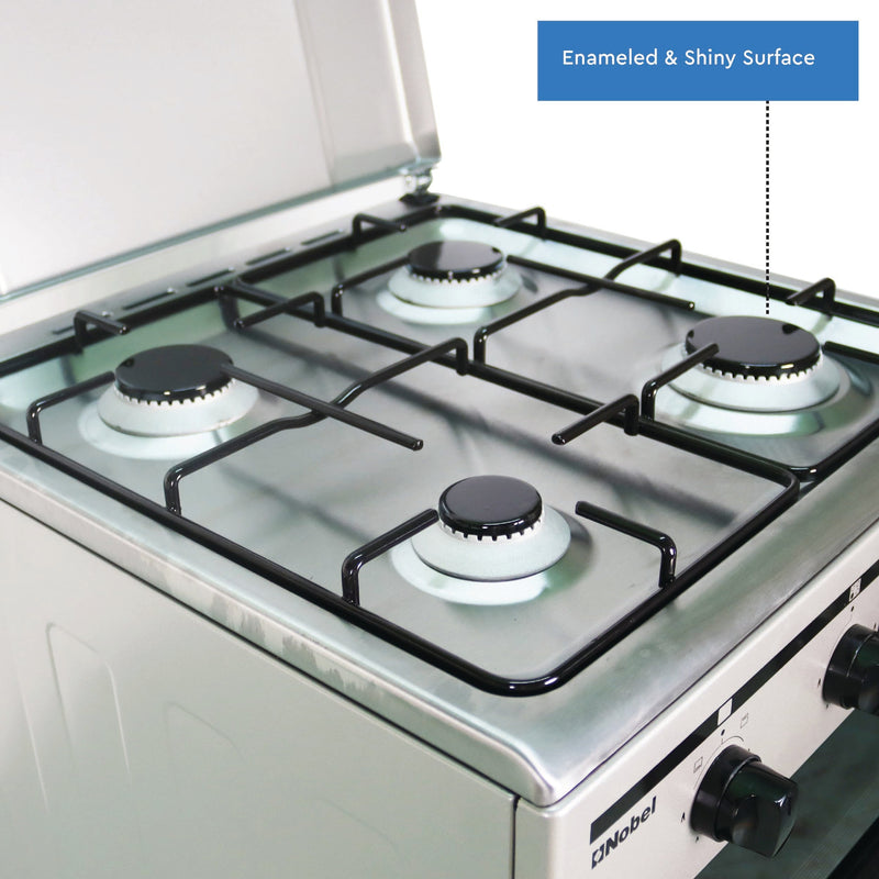 NOBEL Gas Cooker Silver 50x50 4 Gas Burners Gas Oven Enamel Grids Lid Stainless Steel Top NGC5000