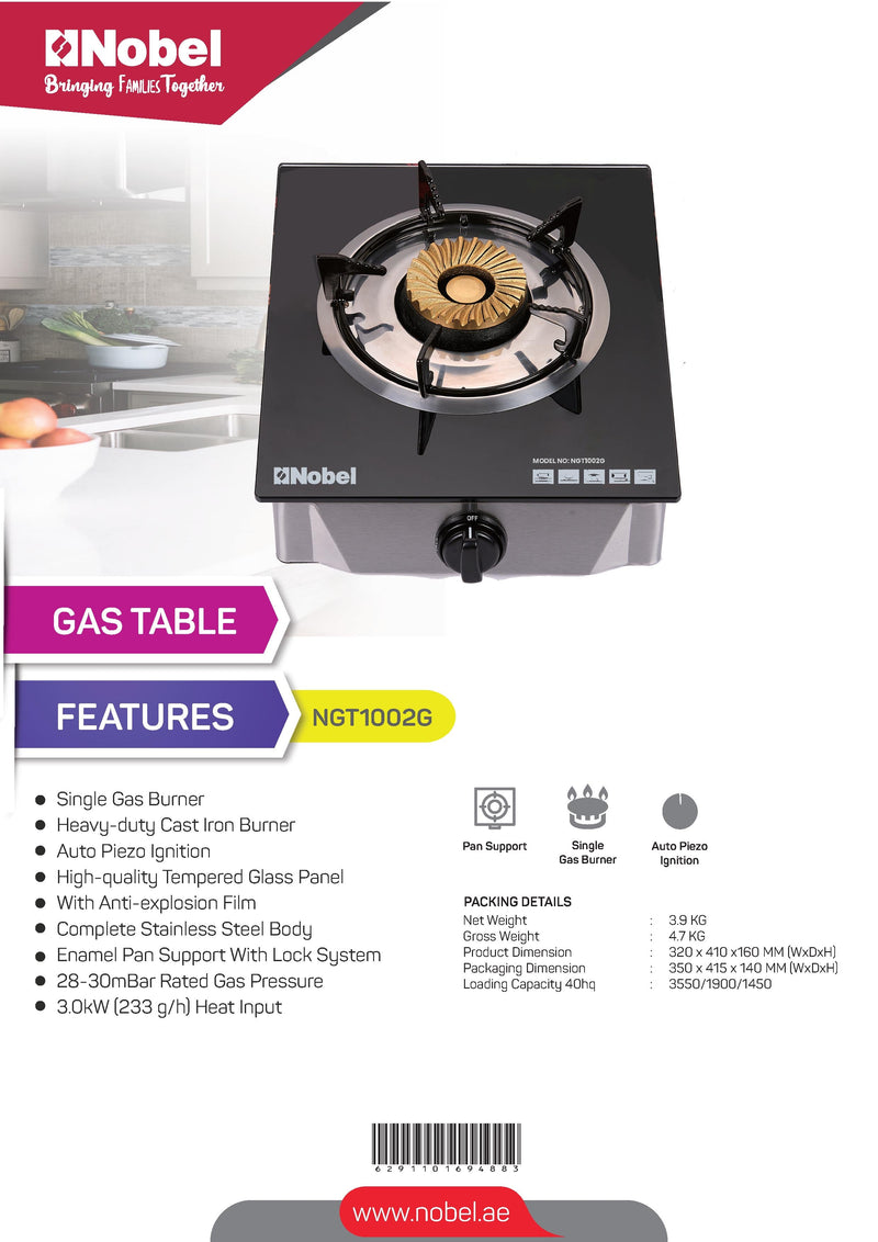 Nobel Gas Stove Black Glass Top Auto Ignition Single Burner NGT1002G