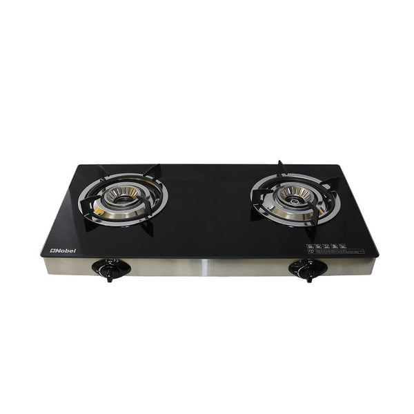 NOBEL Gas Stove Glass Black Brass Glass Top Auto Ignition Double Burner NGT2111