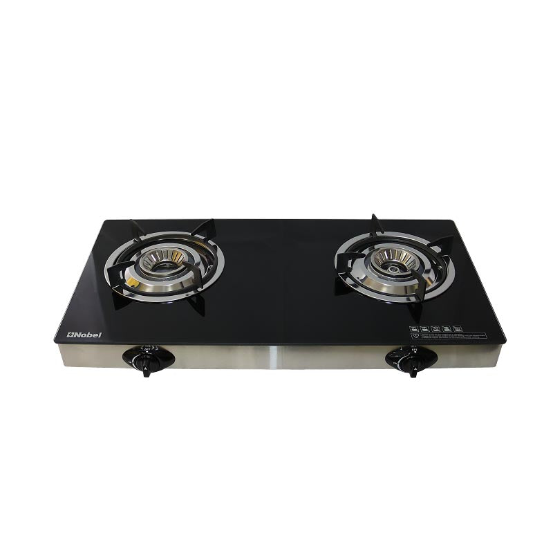 NOBEL Gas Stove Glass Black Brass Glass Top Auto Ignition Double Burner NGT2111