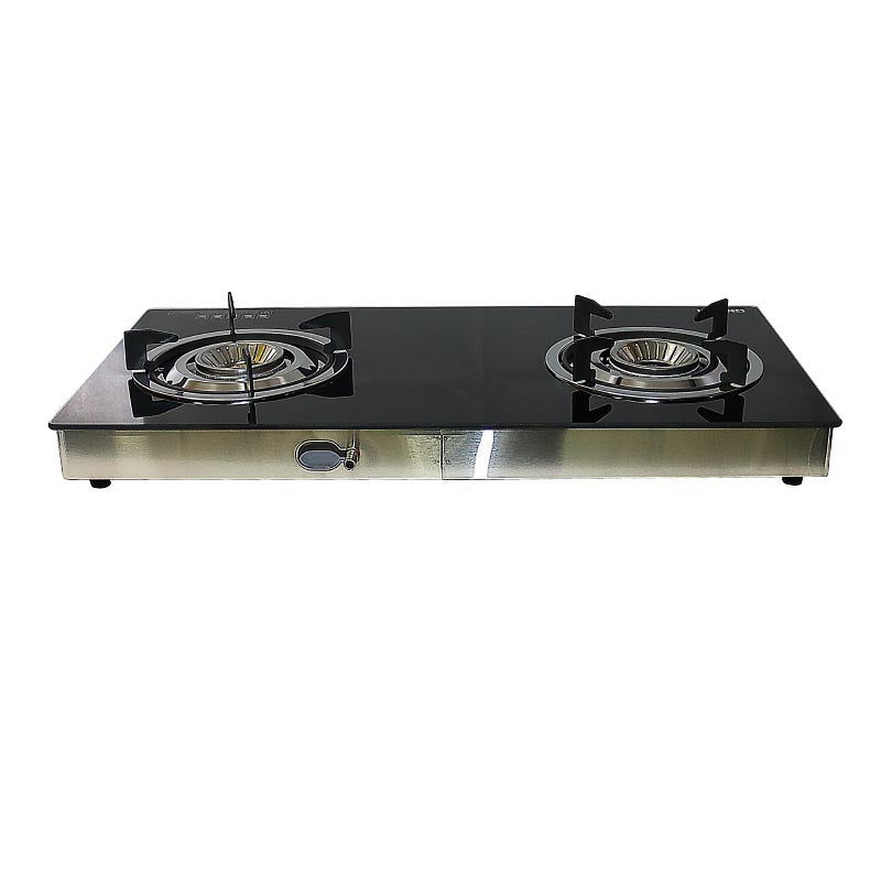 NOBEL Gas Stove Glass Black Brass Glass Top Auto Ignition Double Burner NGT2111