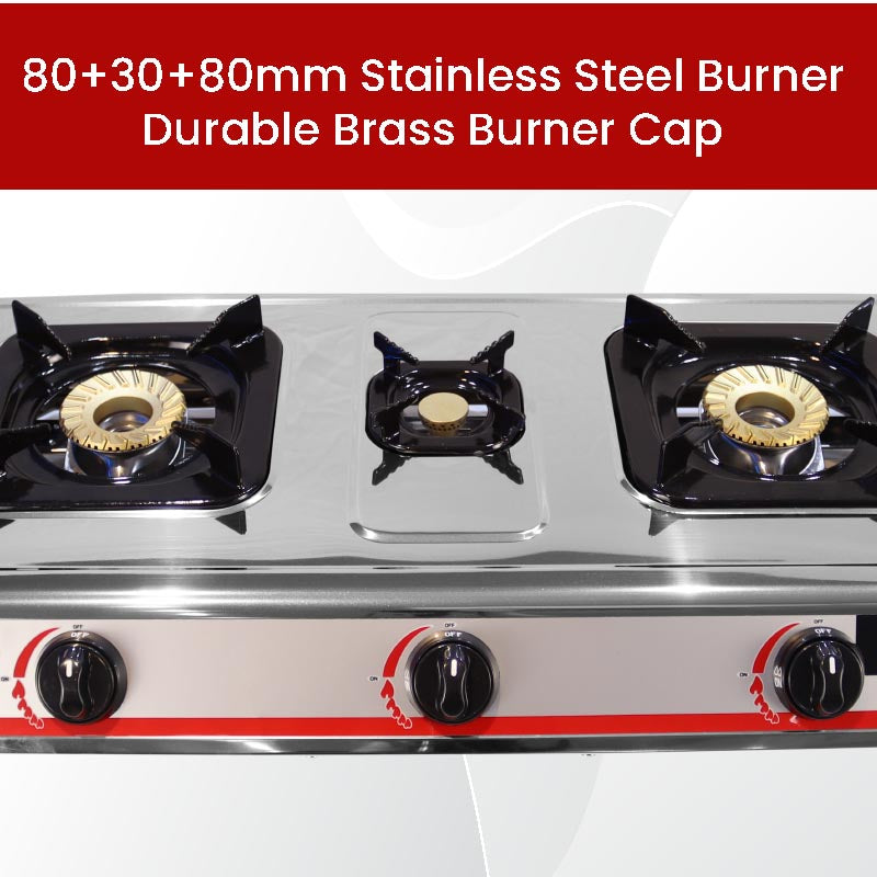 Nobel Gas Stove Stainless Steel Brass Glass Top Auto Ignition Tripple Burner NGT3001