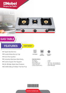 Nobel Gas Stove Stainless Steel Brass Glass Top Auto Ignition Tripple Burner NGT3001